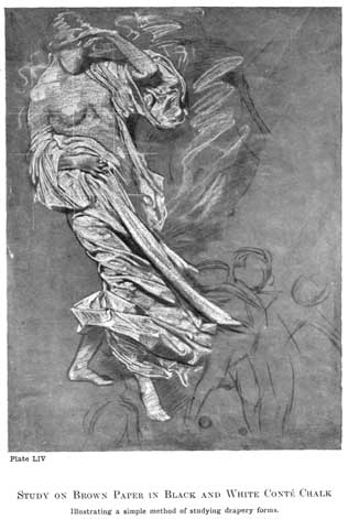 Plate LIV. STUDY ON BROWN PAPER IN BLACK AND WHITE CONT&Eacute; CHALK Illustrating a simple method of studying drapery forms.