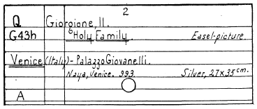 Painting card; author, showing title of work, kind of
work, gallery, etc.