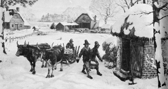 [Illustration: “Harvesting” ice, about 1650. Archeological excavations revealed that icehouses were built on the historic island over 300 years ago. (Painting by Sidney E. King.)]