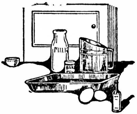 cupboard, milk, eggs, pan, etc.