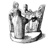 Cyprian limestone group of Phoenician dancers, about 6&frac12; in. high. There is a somewhat similar group, also from Cyprus, in the British Museum. The dress, a hooded cowl, appears to be of great antiquity.