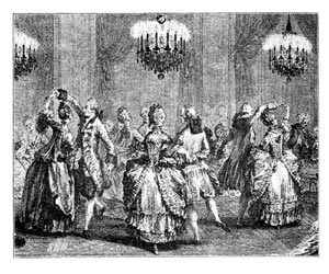 A ball-room dance, Le Bal Par&eacute;, of the 18th century. From August de l'Aubin.