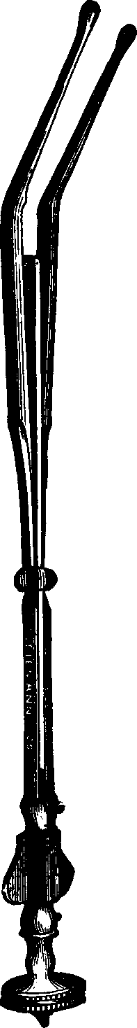 Illustration:
Fig. 3.  THE UTERINE DILATOR.  This instrument is introduced into the canal
of the uterine neck with its blades closed. By means of the thumb-screw the
blades are then separated as shown in this illustration, the cervical canal
being thereby dilated to the required extent.