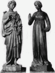 151. 152. Holzstatuen der Verk&uuml;ndigung von einem Quercia-Sch&uuml;ler.