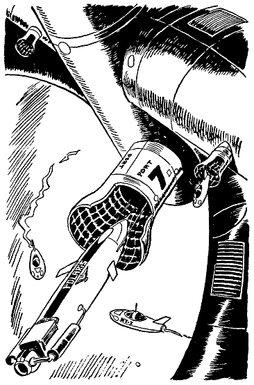 The junior spaceman maneuvered the great rocket ship
toward the air lock