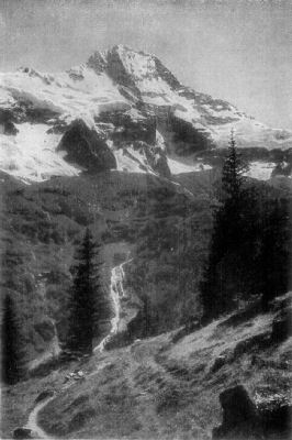 A photograph of a snow-capped mountain near the source of the Rhine,
with a small waterfall and trees in the valley below it.