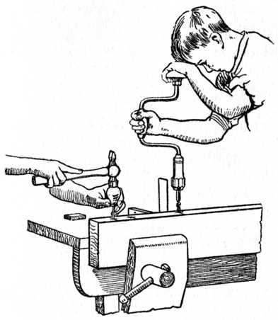 Fig. 194.&mdash;Pricking the Centres ready for Boring.
Also showing how Brace is used in conjunction
with Try Square.