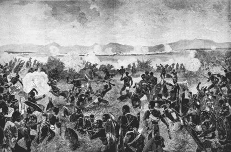 THE BATTLE OF ULUNDI&mdash;FINAL RUSH OF THE ZULUS. THE BRITISH SQUARE IN THE DISTANCE.