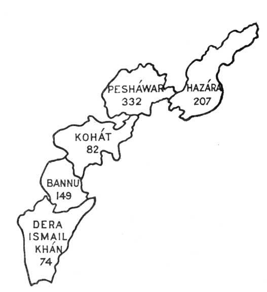Fig. 29. Map showing density of population in N.W.F.
Province.