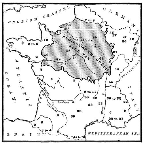 Map showing the Amount paid in the Eighteenth Century for
Salt in Various Parts of France
