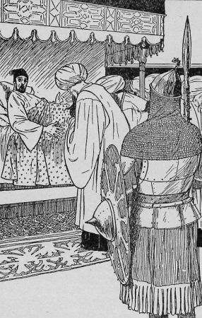 Mesrur laski k�tens� ristiin rinnalle ja kumarsi
syv��n.