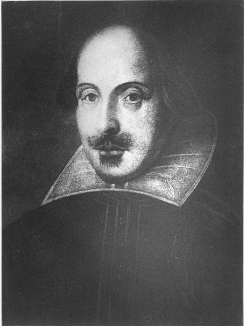 William Shakespeare from the Drocshout painting now in
the Shakespeare Memorial Gallery at Stratford-on-Avon.