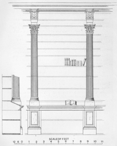 Fig. 123. Elevation of a bookcase and section of a desk in the Biblioth&egrave;que Mazarine, Paris.