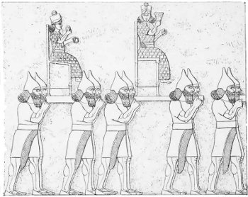 Fig. 14.&mdash;Gods carried in procession; from Layard's
Monuments of Nineveh, first series, pl. 65.