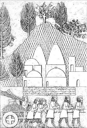 Fig. 43.&mdash;View of a group of buildings; Kouyundjik; from
Layard.