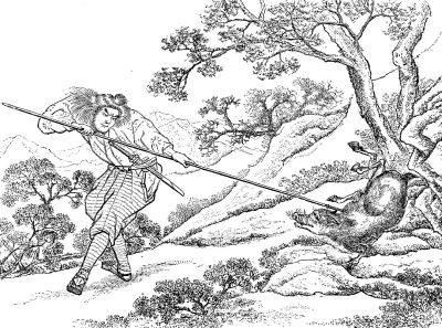 SPEARING A WILD BOAR.&mdash;FROM AN ORIGINAL JAPANESE DRAWING.