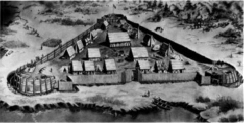 "James Fort" built in May and June, 1607&mdash;A painting by
Sidney King for Colonial National Historical Park.