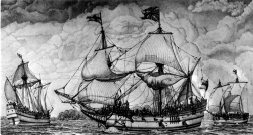 The Arrival of the Settlers at Jamestown on May 13, 1607.
English Merchantmen of the size and date of the Godspeed 40 tons,
Susan Constant 100 tons, and the "pinnessee" Discovery 20 tons
maneuvering for anchorage off Jamestown Island 1607. A pencil Study by
Griffith Bailey Coale, courtesy of Mariners Museum.