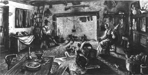 A home such as could have existed at Jamestown by 1625.
From a painting for Colonial National Historical Park by Sidney
King.