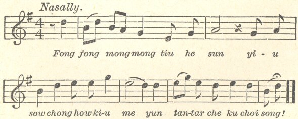 Music score.  Words are: &lsquo;Fong fong mongmong tiu he sun
yi-u sow chong how ki-u me yun tan-tar che ku choi song!&rsquo;