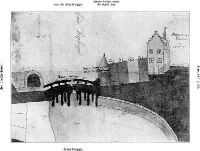 Grondkaart of plattegrond van de erven bij den Blauwen Toren,
door Simon Dammasz. van Dueren, landmeter. (No. 2 uit het Kaartenboek der Gemeente Rotterdam, 1578.)