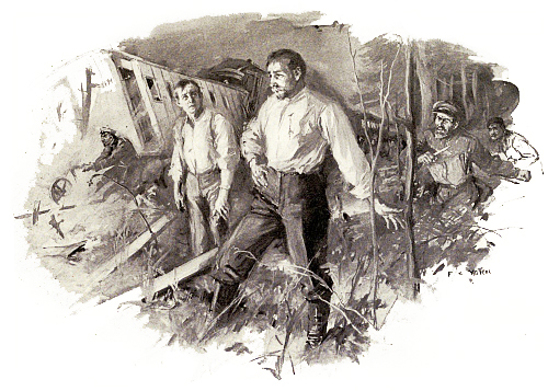 His stern face, seen in the light of the blazing
wreckage, was ghastly. Page 87