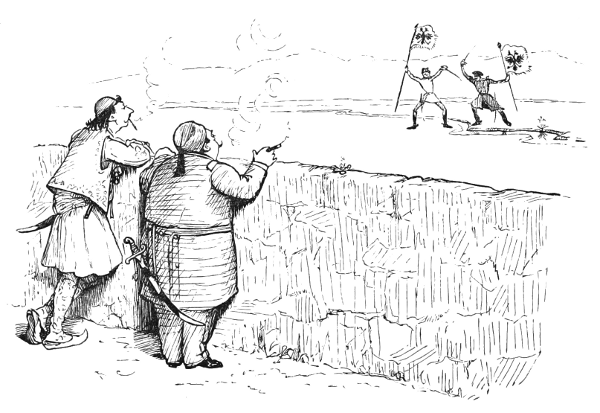 Two men wearing distinctly different uniforms are waving identical flags with the double headed eagle emblem and are fighting each other across a river. This may be a reference to the Russo-Turkish war of 1877&ndash;1878. Two Balkan men casually watch the battle from behind a wall. 