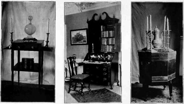 Plate XXX.&mdash;Sheraton Night Table; Block Front Bureau Desk, owned by Dr. Ernest H. Noyes, Newburyport, Mass.; Cellarette, 1700, owned originally by Robert Morris.