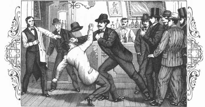 "The man reeled half way across the room, and fell
prostrate between two tables." P. 277.