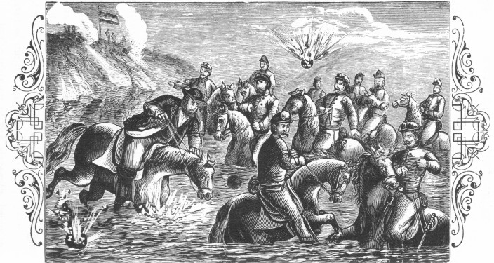 "My horse was shot under me while crossing the stream."
P. 569