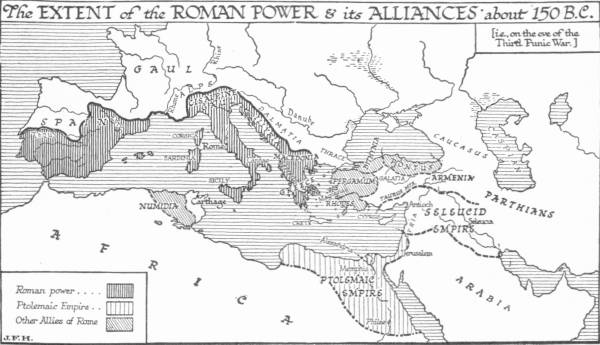 Map: The Extent of the Roman Power & its Alliances about
 150 B.C.