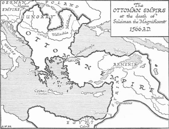 Map: The Ottoman Empire at the death of Suleiman the
 Magnificent, 1566 A.D.