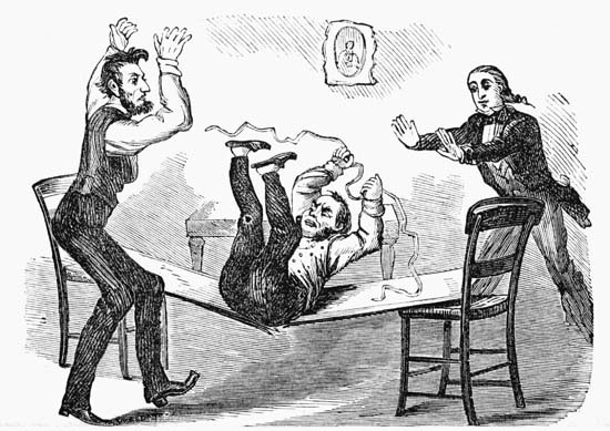 While he was standin' there, the boord broke, and down
cum the Deacon rite on the floor.