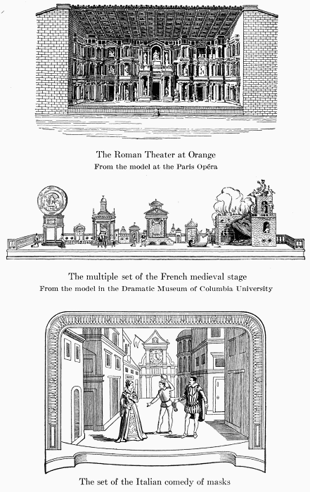 The Roman Theater at Orange
From the model at the Paris Op�ra

The multiple set of the French medieval stage
From the model in the Dramatic Museum of Columbia University

The set of the Italian comedy of masks