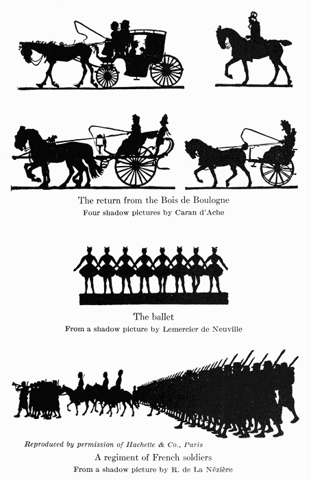The return from the Bois de Boulogne
Four shadow pictures by Caran d'Ache

The ballet
From a shadow picture by Lemercier de Neuville
Reproduced by permission of Hachette & Co., Paris

A regiment of French soldiers
From a shadow picture by R. de La N�zi�re