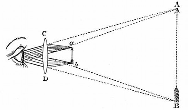 Fig. 13.

Arrow magnified by a convex lens.
a, b, Real arrow. C, D, Magnifying-glass. A, B, Enlarged
image of the arrow.