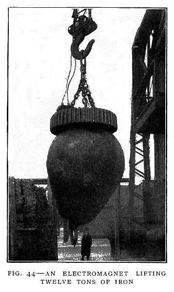 FIG. 44&ndash;AN ELECTROMAGNET LIFTING TWELVE TONS OF IRON