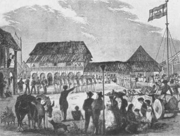 General Walker reviewing troops on the Grand Plaza, Granada.

From a print in the New York Public Library.