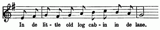 Musical notation; In de lit-tle old log cab-in in de
lane.