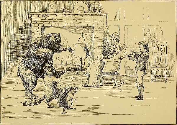 Bear, raccoon and squirrel dance before fireplace while woman dozes in chair and boy plays violin