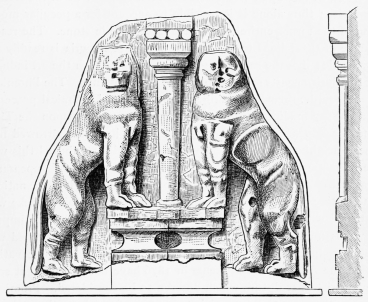 Fig. 188.&mdash;Relief from the Gate of the Lions at Mykenæ.