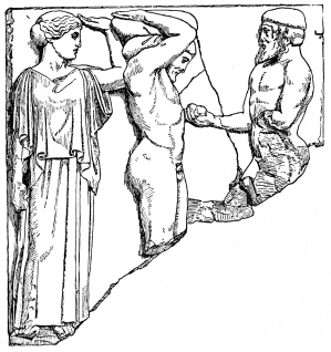 Fig. 213.&mdash;Metope from the Cella of the Great Temple of
Olympia. Atlas, Heracles, and the Nymph of the Hesperides.
