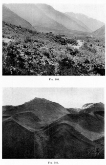 Fig. 180&mdash;Urubamba Valley between Ollantaytambo and
Torontoy, showing (1) more moderate upper slopes and steeper lower
slopes of the two-cycle mountain spurs; (2) the extensive alluvial
deposits of the valley, consisting chiefly of confluent alluvial fans
heading in the glaciated mountains on the left. See Fig. 179.