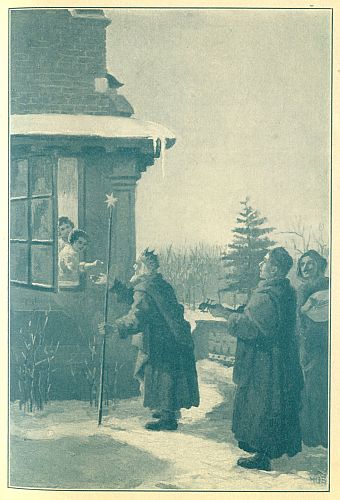 Children throwing coins out window to procession