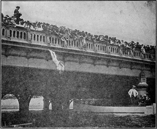 HOUDINI, manacled and chained, Diving head first off
Queen's Bridge, into the Yarra River, Melbourne, Australia, Feb. 18th,
1910.