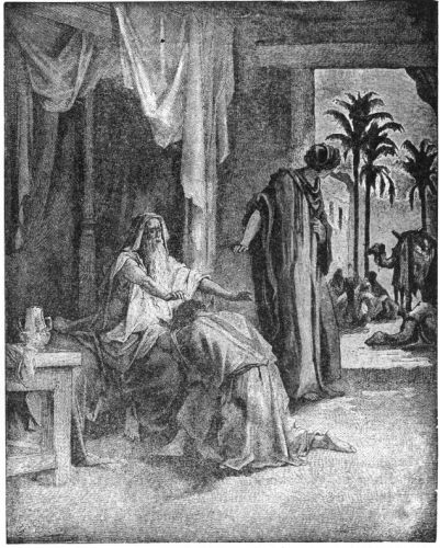 Jacob kneeling in front of Isaac