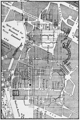 Plan of that part of Rome which contains the Imperial
Fora. Shaded parts are those covered by modern buildings.