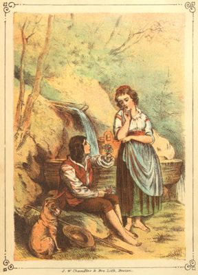 standing
young woman gazing at a seated young man