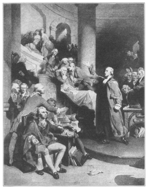 Patrick Henry delivering his celebrated speech, May,
1765.