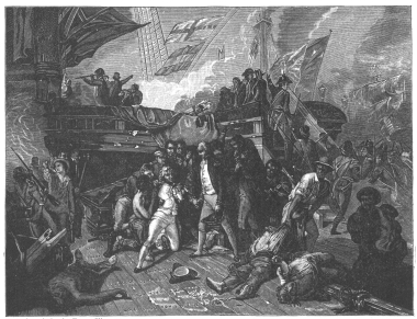 From the painting by Ernest Slingeneyer.

THE DEATH OF NELSON AT TRAFALGAR.